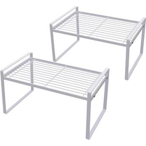 Pack of 2 Kitchen Cabinet Shelf Counter Organizer Rack Pantry Storage Bathroom Bedroom Office Table Desk Space Saving Steel Frame Stackable Rust Resistant Non Slip White (L13" W8.3" H7.3")