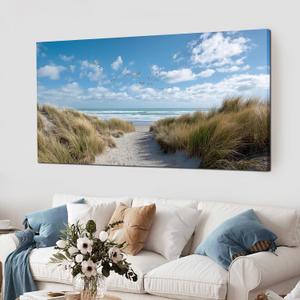 Trogonup Blue Coastal Beach Wall Art for Living Room Ocean Seascape Canvas Print with Seagulls Nature Modern Artwork for Bedroom Office Home Decor 29x58 Inch