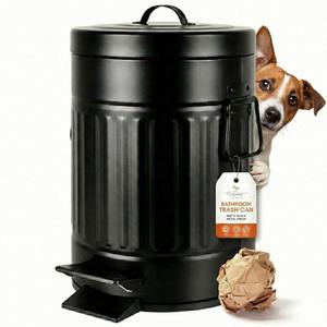 Autumn Alley Small Farmhouse Bathroom Trash Can, Pet Proof Matte Black Trash Can with Lid for Rustic Bathroom, Farmhouse Kitchen Step Waste Bin, Retro Metal Wastebasket 5L/1.3 Gal.