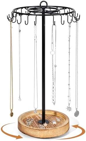 Rotating Necklace Holder, Necklace Organizer Tree Stand with 24 Hooks, Jewelry Necklace Display Stand, Wooden & Metal, Tall Spinning for Vendors Retail, Craft Show, Gift for Women, Vintage Black