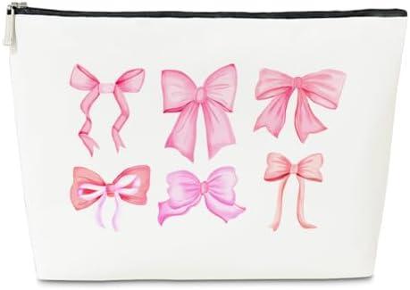 JioJio Chan Pink Bow Coquette Makeup Bag, Funky Pouch Gift for Teen Girls Women, Trendy Preppy PU Leather Cosmetic Bag, Cute Preppy Stuff, Birthday Gifts for Sister, Teen, Daughter, Bff, Friend , Pack of 2