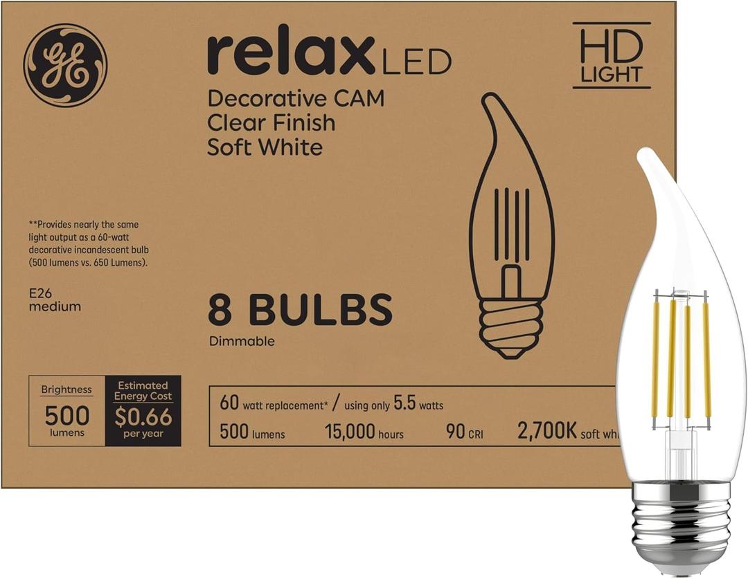 GE Relax LED Light Bulbs, 60W, Soft White Candle Lights, Decorative Bulbs, Medium Base (8 Pack)