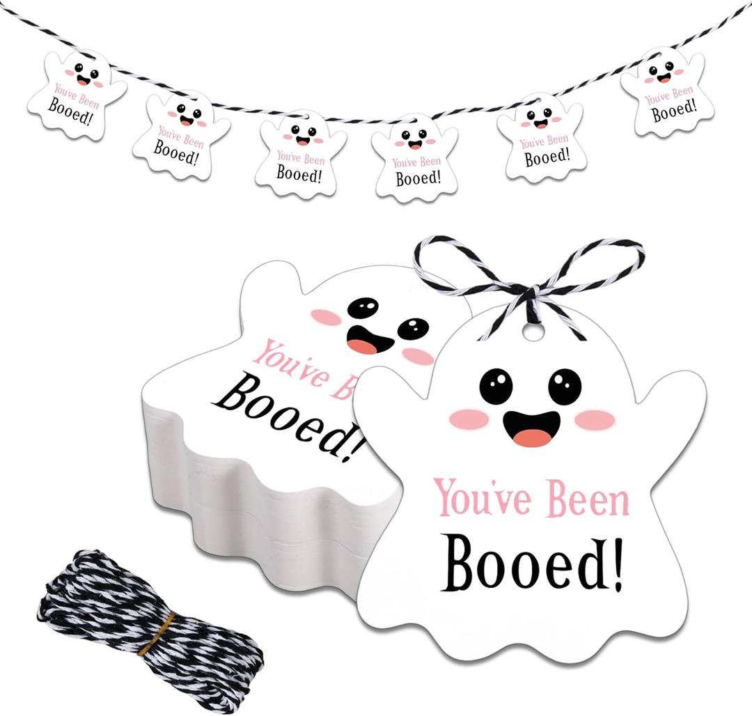 80 PCS Halloween Tags with String for Boo Baskets, You've Been Booed Happy Halloween Tags for Goodie Bags, Cute Halloween Favor Tags for Trick or Treat Bags, Ghost Gift Candy Bag Halloween Party Decor