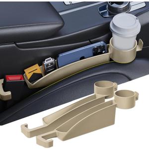 Car Seat Gap Filler Set of 2, Upgraded Car Side Seat Gap Fillers with Organizer, Cup Holder & Hook Function, Inserts Between Front Seats Console Catcher 4in1 Gap Stopper Fill Plug Storage Box (Beige)
