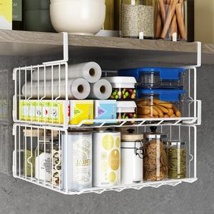 PowerKing Under Shelf Storage Baskets, Foldable Metal Wire Rack Basket, 2 Pack, White