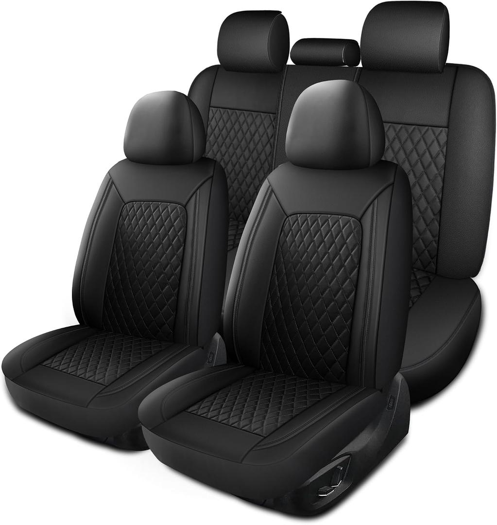 HChengkikz Leather Car Seat Covers, Breathable and Waterproof Seat Cover Full Set, PU Premium Universal Fit Automotive Airbag Compatible for Cars Sedans SUVs Vans and Trucks (Full Seat, Black, N1)