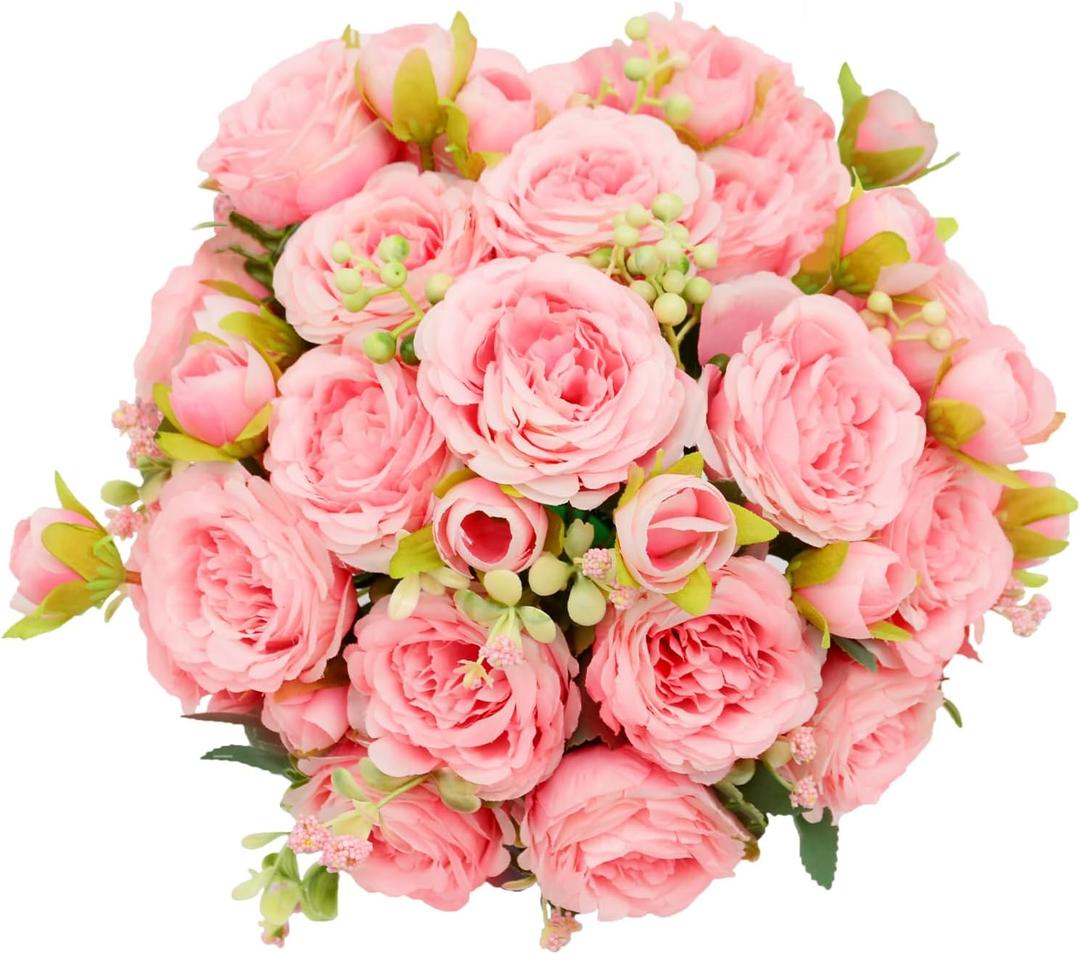 2 Pack Artificial Flowers Bouquet, 10 Pcs Austin Roses Silk Flowers Heads, Fake Peonies Flower for Home Decor Table Centerpieces Wedding Bridal Bouquet Mother's Day Valentine's Day, Pink