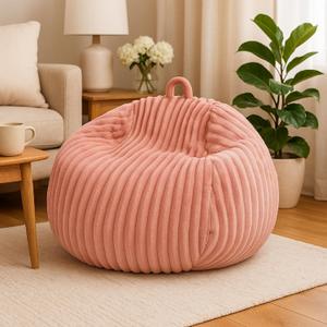 Honeydak Ribbed Rabbit Fur Stuffed Animal Storage Bean Bag Chair Cover (No Filler) Comfy Bean Bag Cover Without Filling or Home Bedroom Decor Organizing Plush Doll Textile Holder(Pink,L)