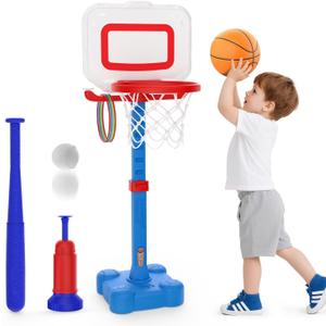 EagleStone 4-in-1 Toddler Basketball Hoop and T Ball Set, Adjustable Height Basketball Hoop,Tee Ball & Ring Toss Toy, Outdoor Indoor Sports Gift for Boys Girls Toddlers Ages 3-8