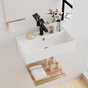 Floating Bathroom Vessel Sink Wall Mount, Hugsleek 21 x 12 inch Rectangle White Porcelain Ceramic Vessel Sink Wall Mounted Hang Bath Sink Bowl Basin Lavatory Vanity Restroom With Faucet Hole Overflow