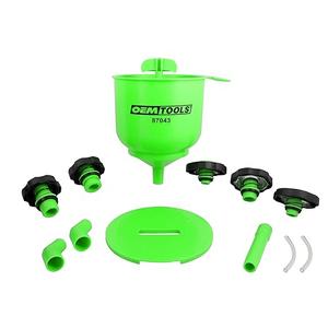 OEMTOOLS 87043 No-Spill Professional Coolant Funnel Kit, Easily Fill Antifreeze Coolant Set Includes 5 Adapters, Extensions, and Automotive Funnel, Air Venting, Drip-Free, Green