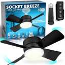 Bell+Howell Socket Breeze Socket Fan Light with Remote, Portable Small Ceiling Fans with Lights for Bedroom, Kitchen, Living Room, Ceiling Fan with Light 3500K, 1000 Lumens, Screws into E26/E27 (Black)