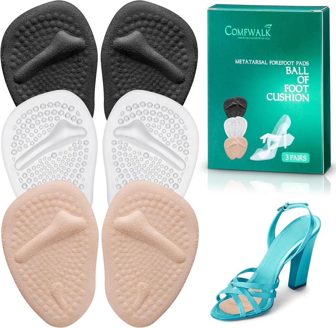 COMFWALK Metatarsal Pads 3 Pairs - Ball of Foot Cushion - Soft Cushion Design - Shock Absorbing - Anti-Slip Strong Adhesive - High Heel Pain Relief - (Multicolor)