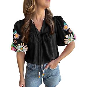 Ecosunny Women's Boho Embroidered Tops V Neck Floral Short Puff Sleeve Casual Shirts Loose Tunic Summer Blouses Fashion 2026 XL