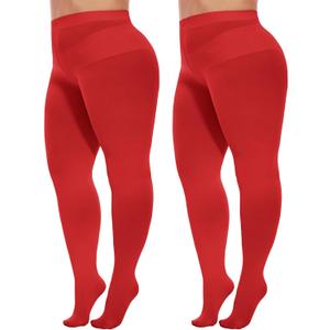 Citystl 2 Pairs Plus Size Tights for Women, 80D Opaque Black Tights, Solid Color Soft Microfiber (5X-Large-6X-Large Plus, Red)