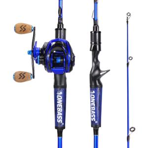 One Bass Fishing Rod and Reel Combo, IM7 Graphite 2 Pc Blank Baitcasting Combo, Spinning Rod with SuperPolymer Handle- 6'6" Casting Combo with Left Handed Reel- Blue