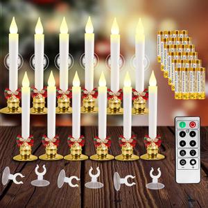 Kithouse Set of 12 Flameless Candles-Window Candles-LED Battery Operated Candles,with 24 AA Batteries,10-Key Remote and Daily Timer,Window Suction Cups,Gold Removable Holders,Christmas Bow