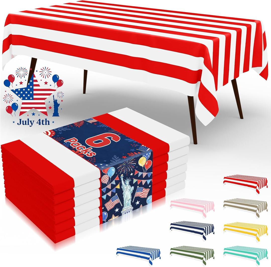 misaya 6 Packs Striped Disposable Table Cloth, 54 x 108 Inch Waterproof Rectangle Tablecloth, Leakproof & Sturdy Decorative Table Covers for Picnic, 4th of July Party and Outdoor, Red and White