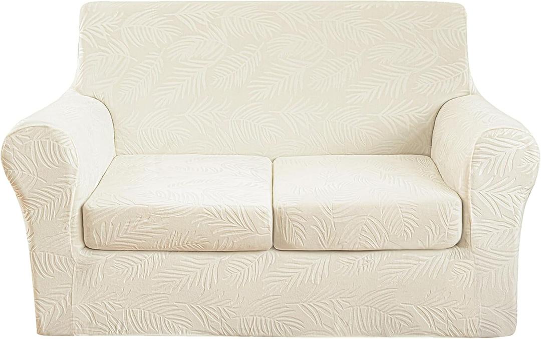 3 Pieces Velvet Loveseat Covers for 2 Cushion Couch Stretch Sofa Covers Washable Dog Couch Cover Embossed Leaf Design Furniture Covers for Sofa (Leaf Ivory, Loveseat)