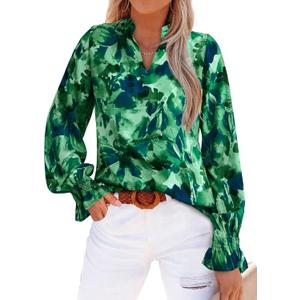 MASCOMODA Womens V Neck Floral Long Sleeve Tops 2025 Summer Casual Loose Puff Sleeve Chiffon Boho Work Blouse Dressy T Shirts (Green, L)