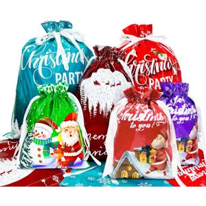 Yunaeduo Drawstring Christmas Gift Bags -30PCS Christmas Bags Assorted Sizes for Presents - Plastic Wrapping Bags Bulk - Xmas Gift Bags, 6 Designs Large/Medium/Small Sizes