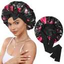 Satin Bonnet Silk Bonnet for Sleeping Silk Sleep Cap Double Layer Hair Bonnet with Elastic Tie Band for Curly Hair Night Cap (Black Flower + Black)