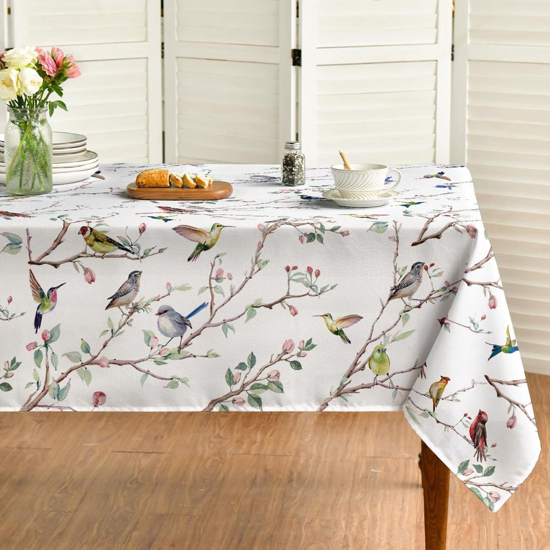 Horaldaily Spring Summer Tablecloth 60x84 Inch Rectangular, Birds Branch Floral Table Cover for Party Picnic Dinner Decor (White)