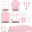 98pcs Pink Bow Party Supplies Bow Birthday Party Plates and Napkin Tablecloth Pink Bows Decoration for Girl Bachelorette Bridal Engagement Baby Shower Cute Tableware Table Cover Serve 24