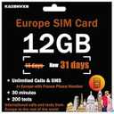Prepaid SIM Card for Europe Travel with 12GB of 4G Data, Unlimited Calls and SMS in Europe with France Phone Number, 30 mins and 200 SMS from Europe to Worldwide(Lasts for 31 Days), Tethering Allowed