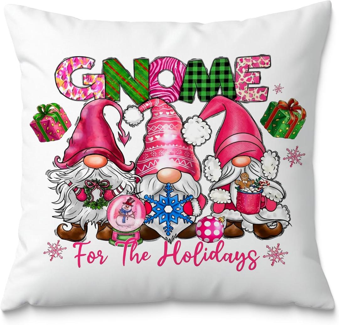 Fuasei Pink Christmas Gnomes Pillow Covers 18x18, Gnome Decorations, Pink Xmas Decor for Couch Bed, Living Room Bedroom Home (Christmas-bz-15k-one-17)