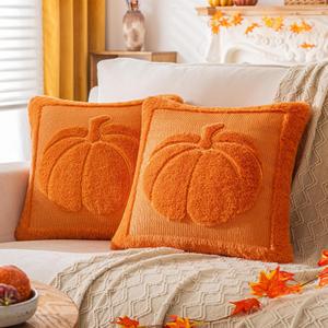 Orange Pumpkin Fall Pillow Covers 20"x20" Set of 2, Embroidered Faux Fur Decorative Throw Pillow Covers for Couch Soft Fluffy Plush Cushion Cases for Farmhouse Halloween Home Decor