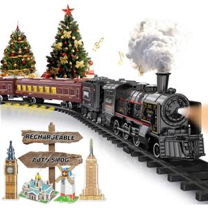 Electric Train Sets for Boys Girls Metal Alloy Christmas Trains Toys Steam Locomotive, Passenger Carriages, Tracks, Light & Sounds Rechargeable Birthday Gifts for Kids 3 4 5 6 7 8 + Years Old Red