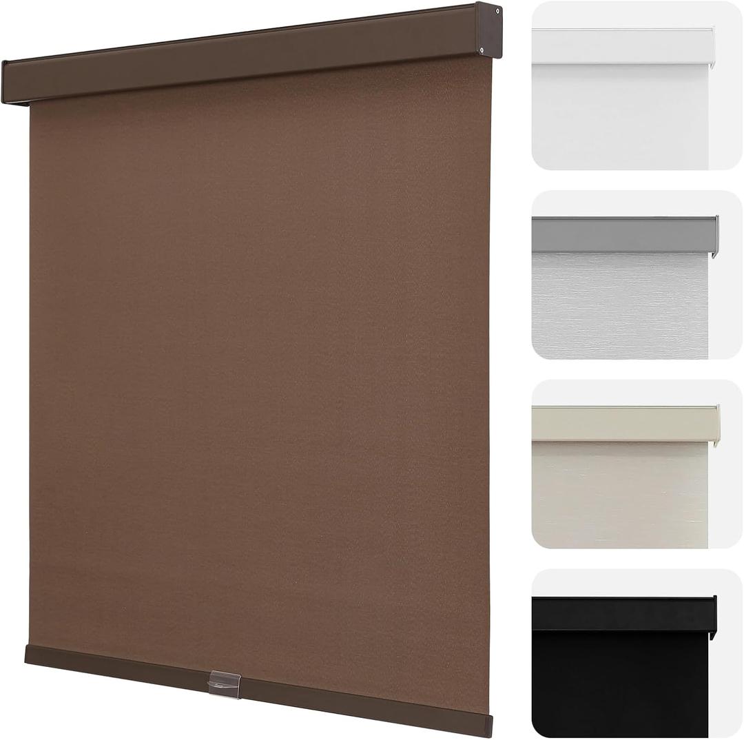 Joydeco 100% Blackout Roller Shades Cordless Blinds for Windows, Free-Stop Shades, UV Protection, Natural Woven Blinds for Home and Office, Light-Proof Aluminum Cover (46" W x 75" H, Coffee)