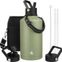 Konokyo Insulated Water Bottle with Straw,87 oz 3 Lids Water Jug with Carrying Bag,Paracord Handle,Double Wall Vacuum Stainless Steel Metal Flask,Camp Green