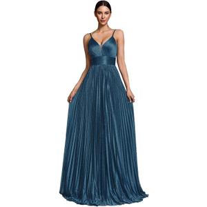 Sexy Backless Maxi Formal Dress for Women with Sequin, Sleeveless Pleated Evening Gowns for Wedding and Cocktail Teal Blue, Large