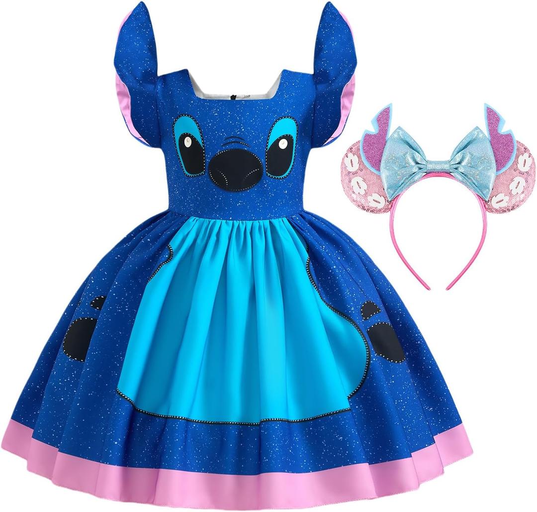 Girls Blue Princess Party Dress, Tropical Hawaiian Halloween Outfit for Kids, Cartoon Tulle Dress with Mouse Ears Headband (5-6 Years)