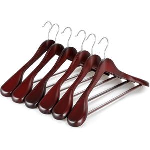 TOPIA HANGER Wide Shoulder Wooden Hangers, Suit Hangers with Non Slip Pants Bar & 360 Swivel Hook, Solid Wood Heavy Duty Coat Hanger, 6 Pack (Matte Cherry)-CT02C
