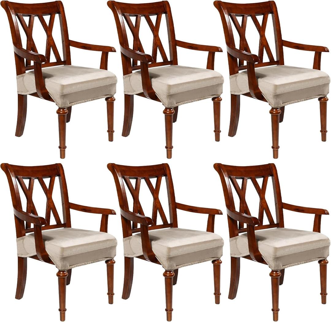 Havawish Large Dining Room Chair Seat Covers with Armrest Dining Chair Slip Covers Protectors (6 Pcs,Taupe) (Velvet)