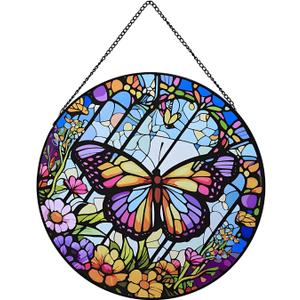 Butterfly Stained Glass Window Hanging,20cm/7.87inch Hand-Painted Sun Catcher Garden Hangings for Doors Home Christmas Mother's Day, Valentine's Day Ornaments Festival Gift (A Style)