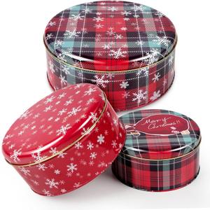 3 Pack Christmas Cookie Tins with Lids, Round Sturdy Tins, Christmas Baking Cake Container for Storing Patisseries, Snack, Chocolate