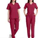 Scrubs for Women Set V-Neck Scrub Top & Jogger Pants with Multi Pocket Stretch Nursing Uniforms (XL)