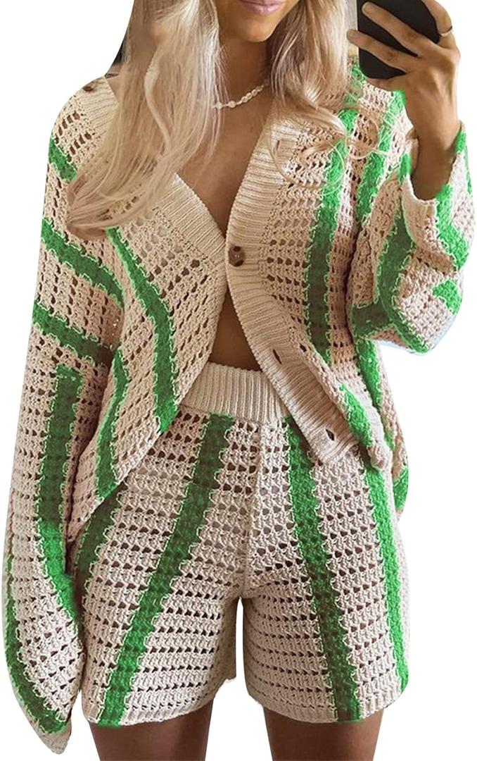 Gihuo Women' s Y2K 2 Piece Knit Outfits Striped Sweater Shorts Set Color Block Long Sleeve Button Up Shirts Shorts (S, Green)