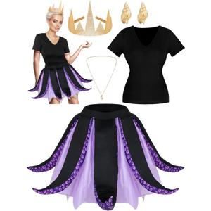 Ramede 5 Pcs Women Octopus Costume Halloween Witch Costume Purple Cosplay Tentacle Skirt Gold Necklace Earring