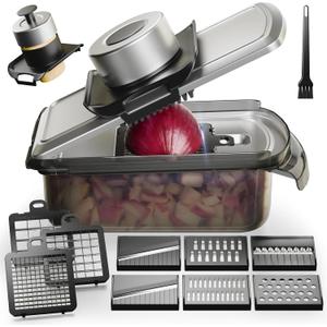 12-in-1 Vegetable Chopper, Mandolin Food Slicer for Kitchen, Cheese Grater, Veggie Chopper with Container, Vegetable Cutter for Onion, Salad and Fruit- Stainless Steel, Home Essential Tools