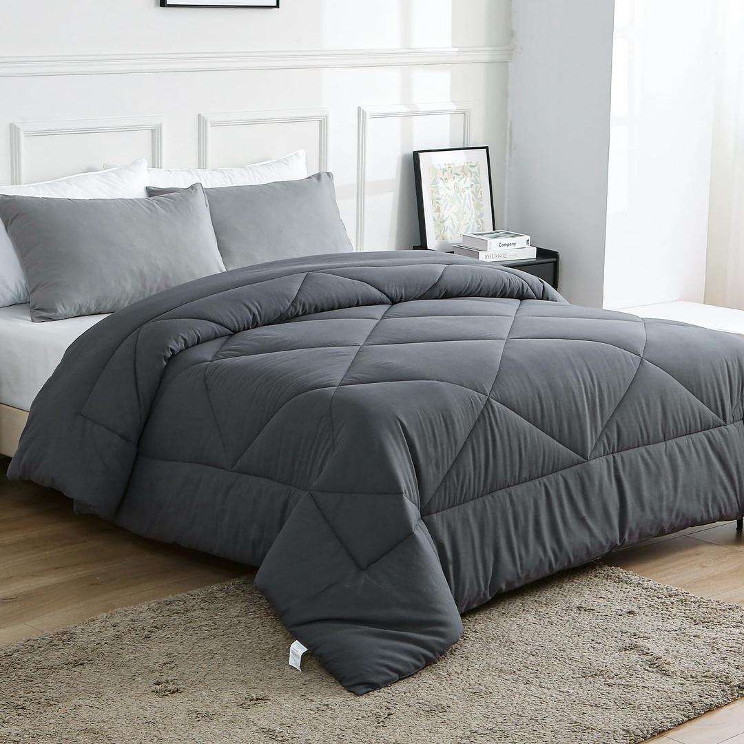 100% Cotton Filled Comforter, Premium Upgraded Cotton Bed Quilt Suitable for All Seasons, Comfortable Soft Noise-Free, Breathable and Fluffy, Queen, Gray