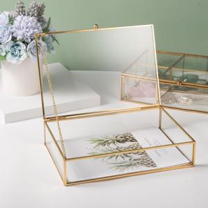 Feyarl Gold Glass Jewelry Trinket Box 5 x 7 Photo Cards Shadow Lidded Box Organizer Collection Display Case Decorative Keepsake Box for Home Deco (8.66 x 5.9 x 1.96inch)