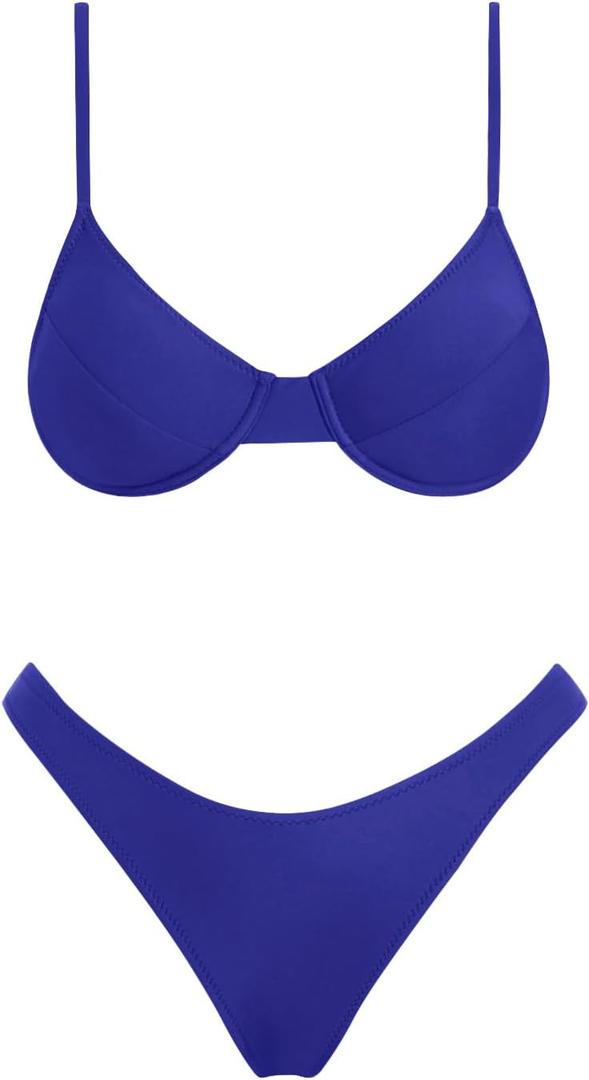 VOLAFA Women's Triangle Bikini Set Textured Frilled Smocked Ruched Push Up Swimsuit Two Piece Bathing Suit (8)