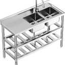 47"x18"x32" Stainless Steel Utility Sink, Freestanding Double Bowl with Pull-Out Faucet & Hot/Cold Water Pipe, NSF Certified Commercial Kitchen Sink for Restaurant, Laundry Room, Bathroom