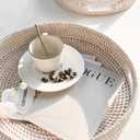 HITOMEN 14.2" Hand-Woven Round Rattan Serving Tray Decorative Ottoman Wicker Platter with Handles for Coffee Table, Breakfast, Drinks, Snack, Bread, Fruit, Vegetables (Whitewash-L)
