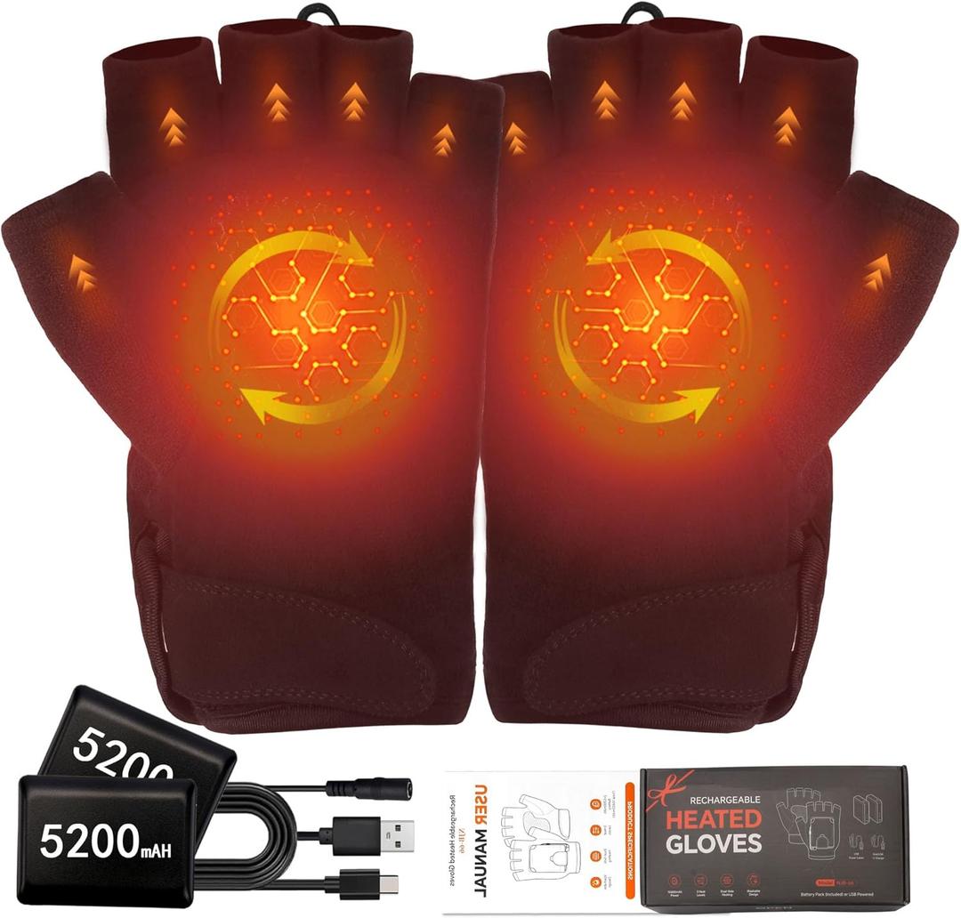 Heated Gloves for Men Women, 10400mAh Battery Fingerless Flexible for Work Outdoor Hunting Skiing Motorcycle Writing  Ideal Match with Electric Hand Warmers for Cold Winter (Large)